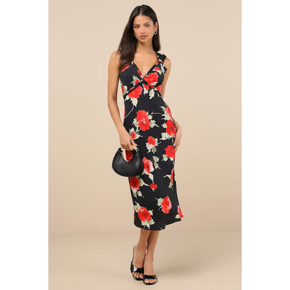 Lulus Clarrie Black Floral Crinkle Satin Ruffled Midi Dress - Size S NWT